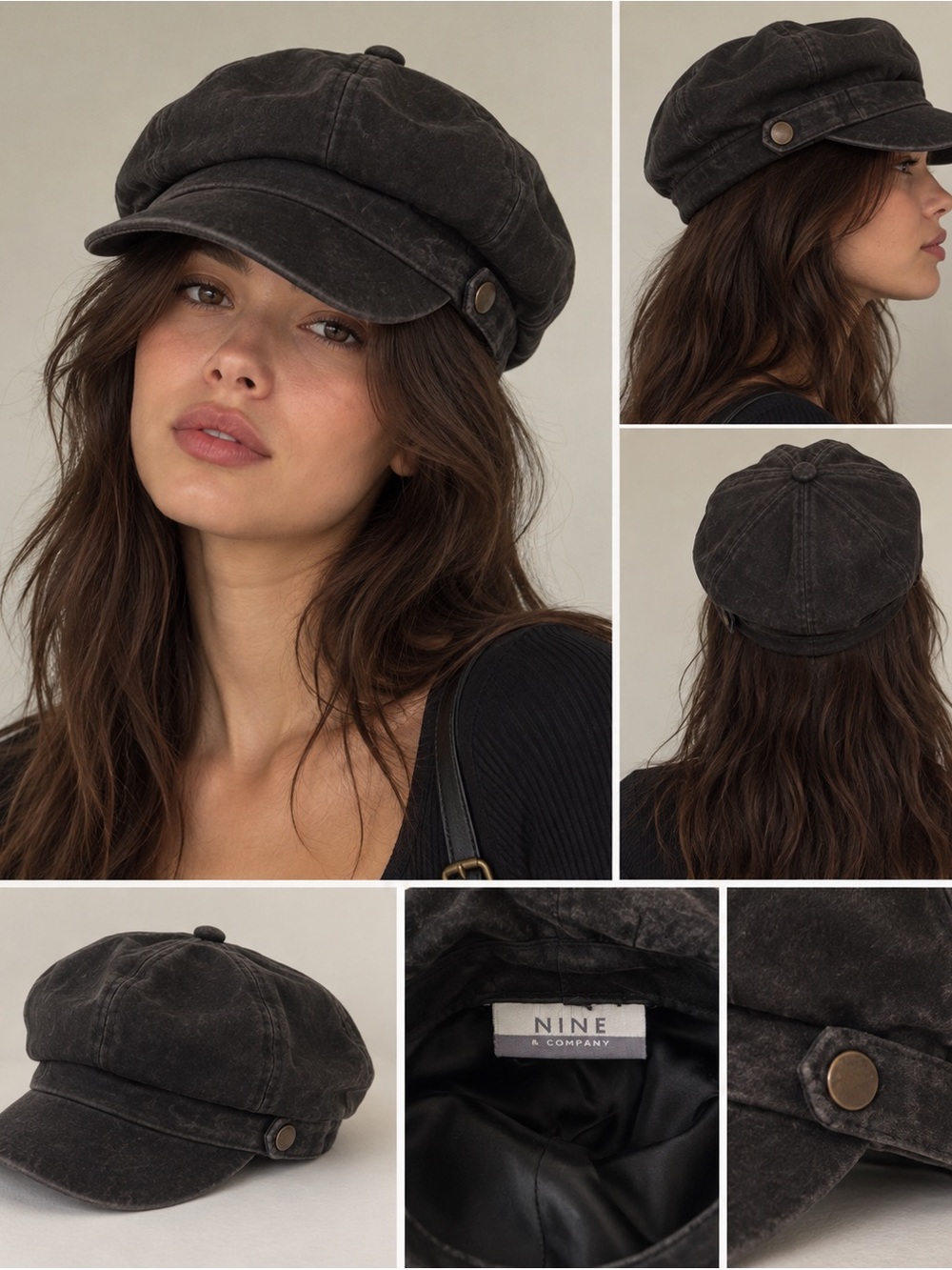 Nine & Company Vintage Suede Leather Newsboy Cap Black
